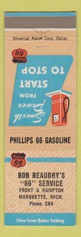 Matchbook Cover - Bob Beaudry's Phillips 66 oil gas Marquette MI