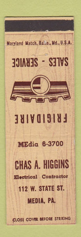 Matchbook Cover - Chas Higgins Electrical Frigidaire Appliances Media PA