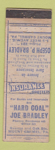 Matchbook Cover - Hard Coal Joe Bradley Mount Carmel PA WEAR MISPRINT