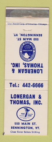 Matchbook Cover - Lonergan & Thomas Bennington VT Insurance WEAR