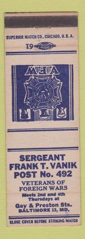 Matchbook Cover - VFW Sergeant Frank Vanik Post Baltimore MD