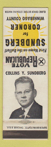 Matchbook Cover - Collins Sundberg for Coroner Winnebago County