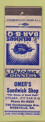 Matchbook Cover - Omer's Sandwich Shop Rossville GA BBQ WEAR
