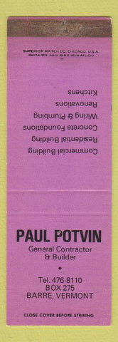 Matchbook Cover - Paul Potvin Contractor Barre VT WEAR SAMPLE