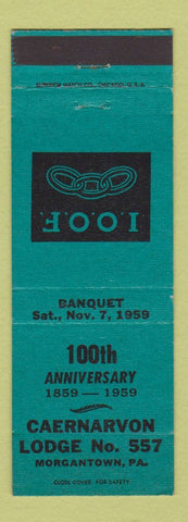 Matchbook Cover - Odd Fellows Caernarvon Lodge Morgantown PA 1959 TEAL