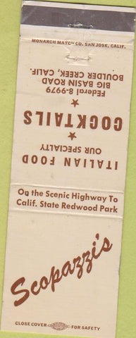 Matchbook Cover - Scopazzi's Italian Food Boulder Creek CA