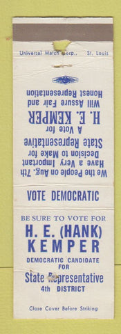 Matchbook Cover - HE Hank Kemper State Rep POOR