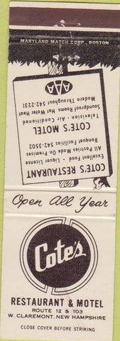 Matchbook Cover - Cote's Restaurant Motel West Claremont NH
