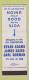 Matchbook Cover - Ervan Adams Union Election James Baird 1953