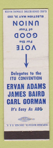 Matchbook Cover - Ervan Adams Union Election James Baird 1953