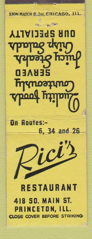 Matchbook Cover - Rici's Restaurant Princeton IL