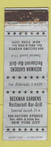Matchbook Cover - Beekman Gardens Restaurant New York City WORN