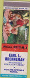 Matchbook Cover - Earl Brenneman Insurance Boiling Springs PA