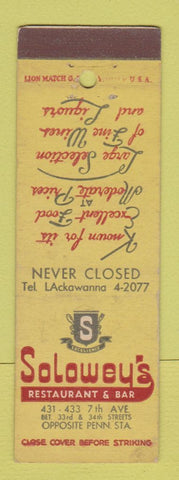 Matchbook Cover - Solowey's Restaurant Bar New York City