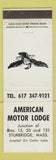 Matchbook Cover - American Motor Lodge Sturbridge MA