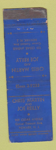Matchbook Cover - Chris Martin and Joe Reilly Newark NJ WORN
