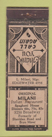 Matchbook Cover - Milani Italian Restaurant ARROW Chicago? WEAR