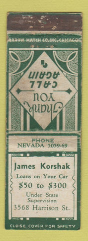 Matchbook Cover - James Korshak Loans ARROW WEAR