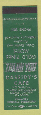 Matchbook Cover - Cassidy's Cafe Hinckley MN Gold Pines Motel