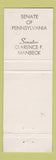 Matchbook Cover - Senator Clarence Manbeck State of PA Pennsylvania WEAR