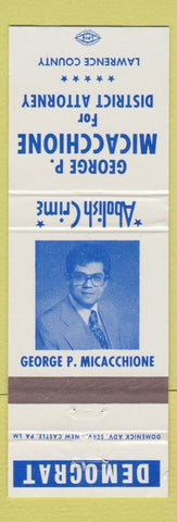 Matchbook Cover - George Miacchione District Attorney Election New Castle PA