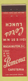Matchbook Cover - Pomona Cafeteria Ceres Lunch Washington DC