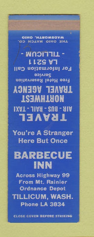 Matchbook Cover - BBQ Inn Northwest Travel Agency Tillicum WA SAMPLE