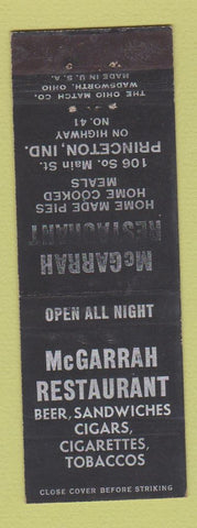 Matchbook Cover - McGarrah Restaurant Princeton IN WEAR