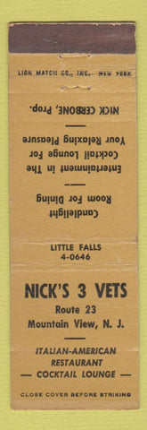 Matchbook Cover - Nick's 3 Vets Italian Restaurant Mountain View NJ