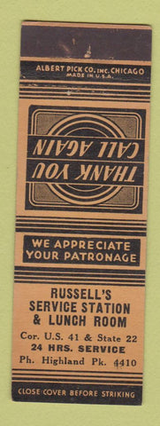 Matchbook Cover - Russell's Service oil gas Lunch Room Highland Park? IL?