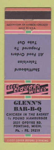 Matchbook Cover - Glenn's BBQ Pontiac MI shuffleboard