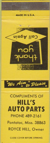 Matchbook Cover - Hill's Auto Parts Pontotoc MS yellow