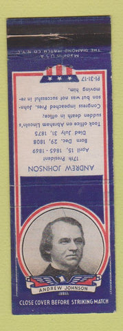 Matchbook Cover - 1930's Diamond Presidents Andrew Johnson WEAR