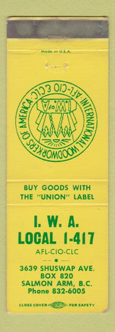 Matchbook Cover - IWA Woodworkers Union Salmon Arm BC WEAR