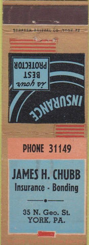 Matchbook Cover - James Chubb Insurance York PA