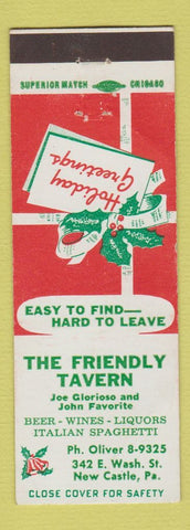 Matchbook Cover - Friendly Tavern New Castle PA Christmas Joe Glorioso