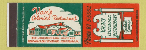 Matchbook Cover - Van's Colonial Restaurant Harrisburg PA