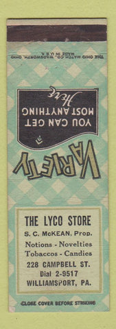 Matchbook Cover - Lyco Store Tobacco Novelty Williamsport PA WEAR