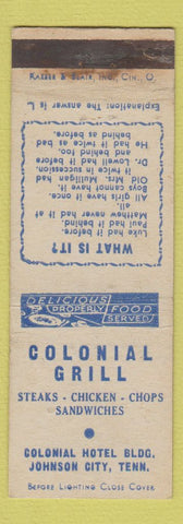 Matchbook Cover - Colonial Grill Johnston City TN WEAR