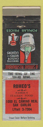 Matchbook Cover - Romeo's Italian Restaurant San Carlos CA WEAR