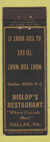 Matchbook Cover - Hislop's Restaurant Dallas PA
