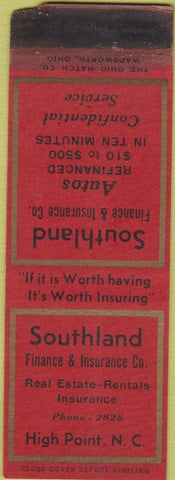 Matchbook Cover - Southland Real Estate Insurance High Point NC WORN