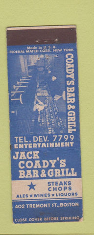 Matchbook Cover - Jack Coady's Bar Grill Boston MA Federal