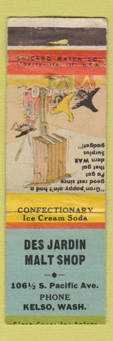 Matchbook Cover - Des Jardin Malt Shop Kelso WA Hillbilly WORN