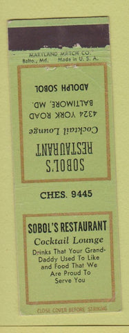 Matchbook Cover - Sobol's Restaurant Baltimore MD