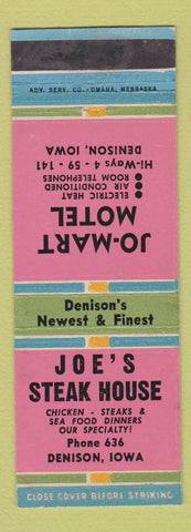 Matchbook Cover - Joe's Steak House Jo Mart Motel Denison IA