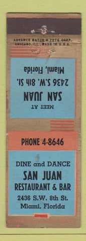 Matchbook Cover - San Juan Restaurant Bar Miami FL ADVANCE