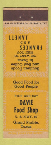 Matchbook Cover - Davie Food Shop Grand Prairie TX