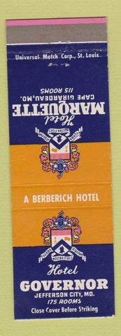 Matchbook Cover - Hotels Governor Marquette Jefferson City Cape Girardeau MO