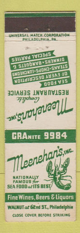 Matchbook Cover - Meenehan's Restaurant Philadelphia PA